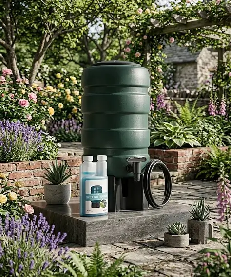 Green Water Butt Selection – Rainwater Harvesting Kits with Stand, Installation Kit & Treatment Cleaner
