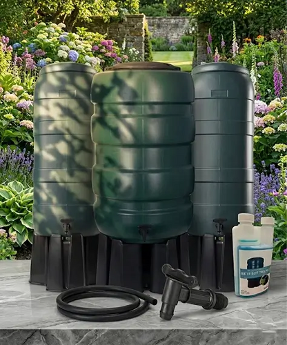 Green Water Butt Selection – Rainwater Harvesting Kits with Stand, Installation Kit & Treatment Cleaner