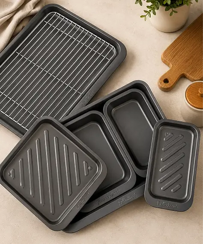 7 Piece Non-Stick BPA-Free Premium Pewter Bakeware Set with Roaster & Cooling Rack