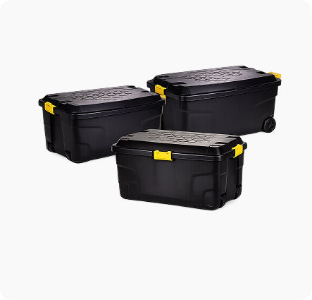 Durable Indoor & Outdoor Black Storage Trunks with Wheels and Yellow Grip Handles