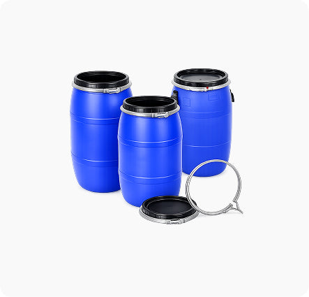 Heavy-Duty Blue Plastic Storage Drums with Open Top and Secure Ring Lid