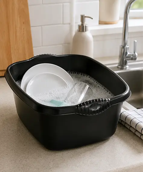 12L Black & Silver Rectangular Washing Up Bowl for Kitchen Cleaning & Household Use
