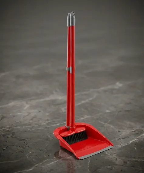 Tall Red Dustpan and Brush Set with Long Handle for Easy Indoor Cleaning