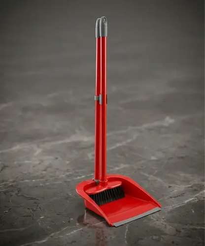 Tall Red Dustpan and Brush Set with Long Handle for Easy Indoor Cleaning