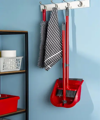 Tall Red Dustpan and Brush Set with Long Handle for Easy Indoor Cleaning