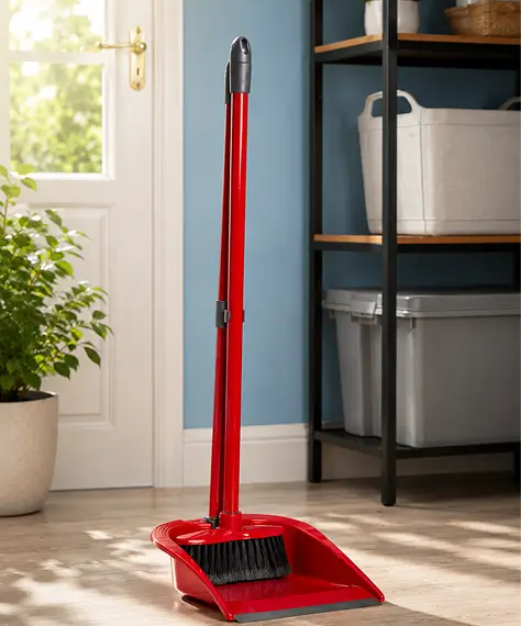 Tall Red Dustpan and Brush Set with Long Handle for Easy Indoor Cleaning