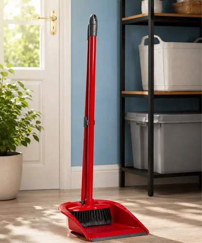 Tall Red Dustpan and Brush Set with Long Handle for Easy Indoor Cleaning