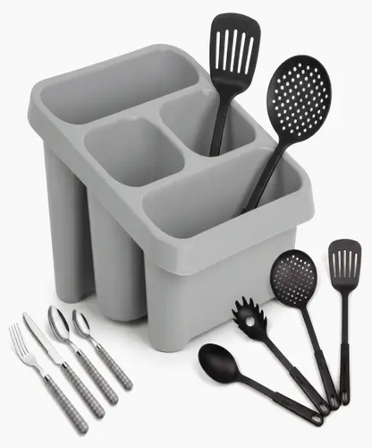 Premium Cool Grey Sink Caddy with 4-Section Cutlery Drainer for Kitchen