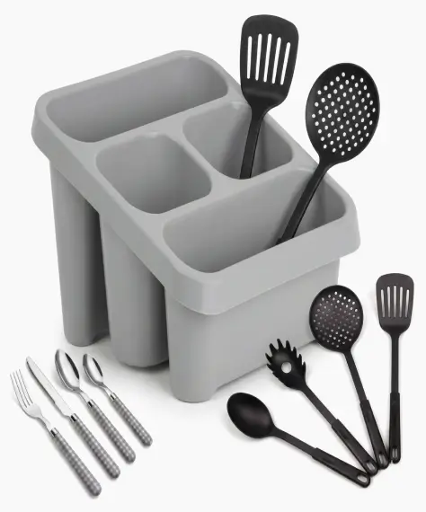Premium Cool Grey Sink Caddy with 4-Section Cutlery Drainer for Kitchen