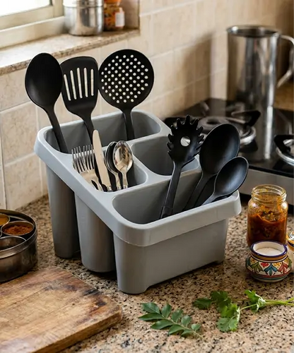 Premium Cool Grey Sink Caddy with 4-Section Cutlery Drainer for Kitchen