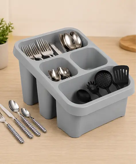 Premium Cool Grey Sink Caddy with 4-Section Cutlery Drainer for Kitchen