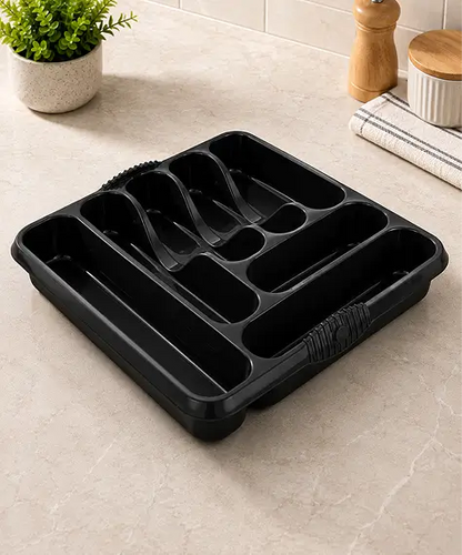 Large Plastic Black Or Silver 7 Compartment Cutlery Tray Rack Holder For Kitchens