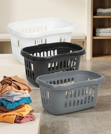 Large Plastic Hipster Laundry Basket – Black, Silver & Ice White Laundry Storage Hamper
