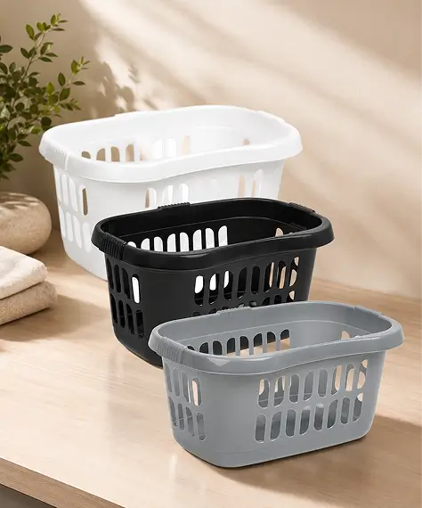 Large Plastic Hipster Laundry Basket – Black, Silver & Ice White Laundry Storage Hamper