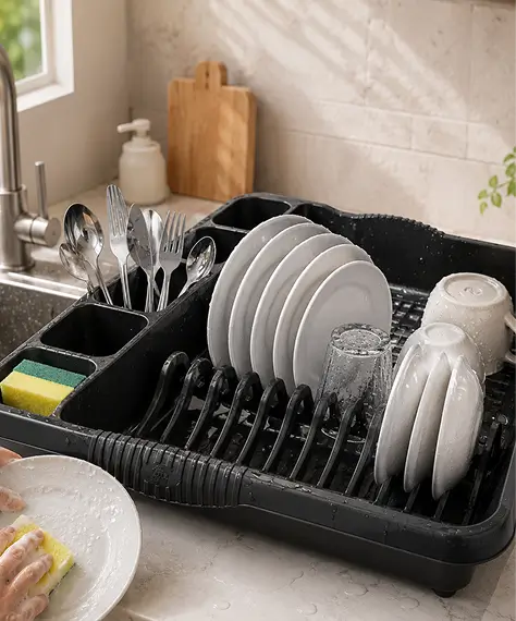 Black Or Silver Large Home Kitchen Dish Cups/Mug & Cutlery Drainer With Integral Handles