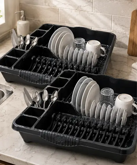 Black Or Silver Large Home Kitchen Dish Cups/Mug & Cutlery Drainer With Integral Handles