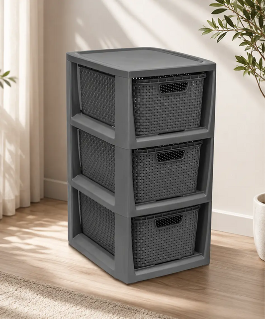 3, 4 or 5 Drawer Rattan Effect Storage Tower – Spacious Cream & Grey Modular Unit for Home & Office
