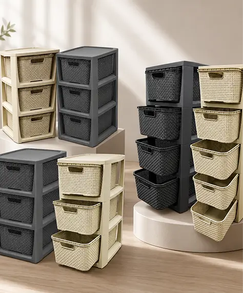3, 4 or 5 Drawer Rattan Effect Storage Tower – Spacious Cream & Grey Modular Unit for Home & Office