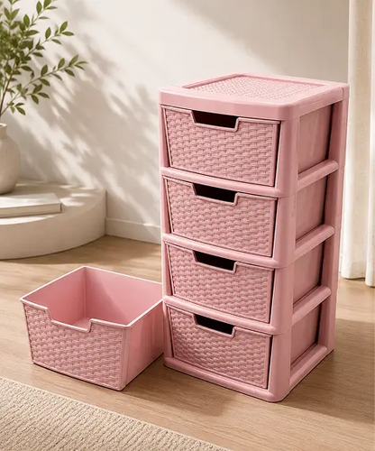Pink & Cream 4 Drawer Rattan Effect Storage Unit – Spacious Organiser for Home & Office