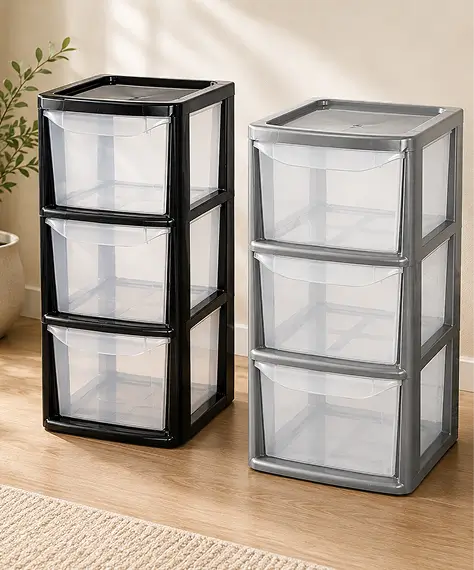 Medium 3 Drawer Modular Storage Tower Unit – Silver or Black with Clear Drawers for Home, Office & Schools