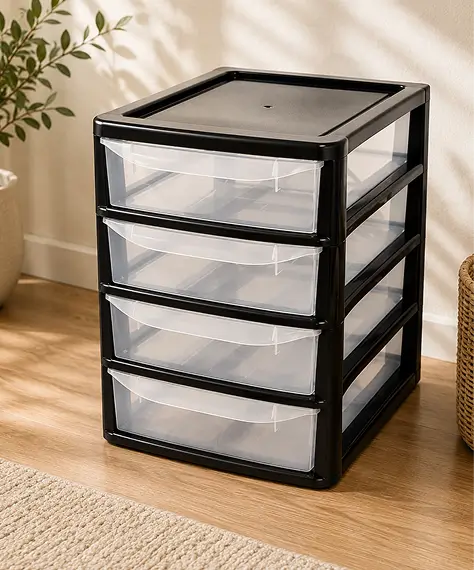A4 Desktop & Bedside 4 Drawer Storage Tower – Black or Silver Unit with Clear Pull-Out Drawers for Home & Office
