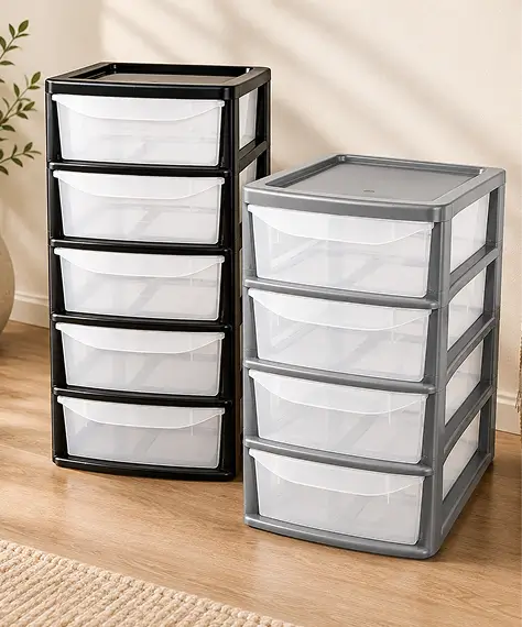 A4 Desktop & Bedside 4 Drawer Storage Tower – Black or Silver Unit with Clear Pull-Out Drawers for Home & Office