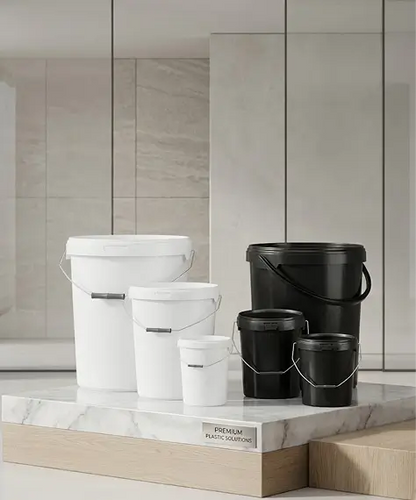 Black & White Heavy-Duty Plastic Buckets – 5L, 10L & 25L with Tamper-Evident Lids & Strong Handles