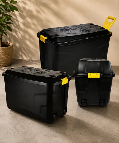 Large Heavy-Duty Black Storage Trunks – Indoor & Outdoor Containers with Lids, Wheels & Yellow Handles