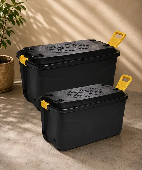 Large Heavy-Duty Black Storage Trunks – Indoor & Outdoor Containers with Lids, Wheels & Yellow Handles
