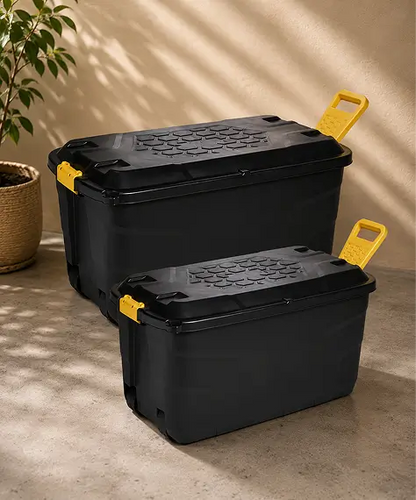 Large Heavy-Duty Black Storage Trunks – Indoor & Outdoor Containers with Lids, Wheels & Yellow Handles