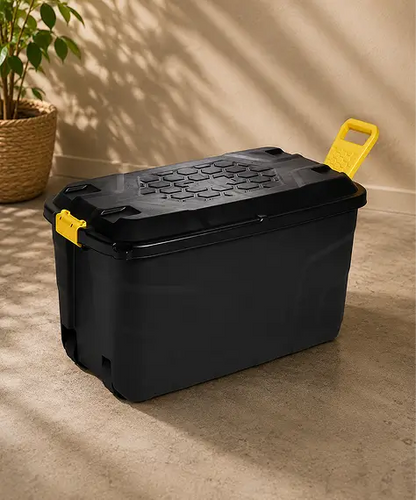 Large Heavy-Duty Black Storage Trunks – Indoor & Outdoor Containers with Lids, Wheels & Yellow Handles