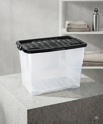 Clear Transparent Curved Base Storage Containers with Black Lids – Ideal for Home & Office Organisation