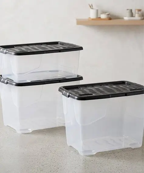 Clear Transparent Curved Base Storage Containers with Black Lids – Ideal for Home & Office Organisation