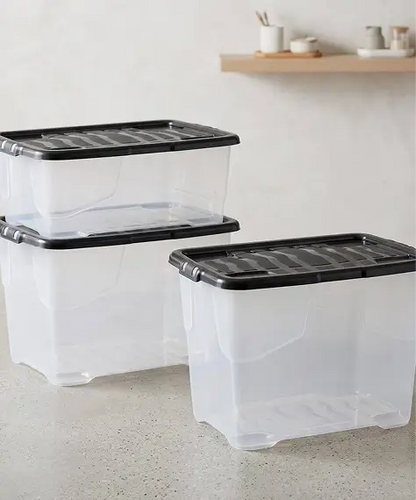 Clear Transparent Curved Base Storage Containers with Black Lids – Ideal for Home & Office Organisation