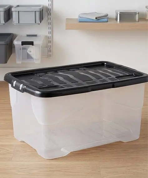 Clear Transparent Curved Base Storage Containers with Black Lids – Ideal for Home & Office Organisation
