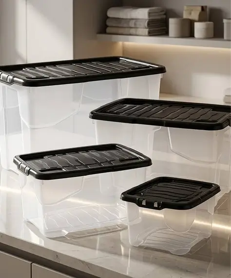 Clear Transparent Curved Base Storage Containers with Black Lids – Ideal for Home & Office Organisation