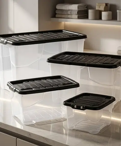 Clear Transparent Curved Base Storage Containers with Black Lids – Ideal for Home & Office Organisation