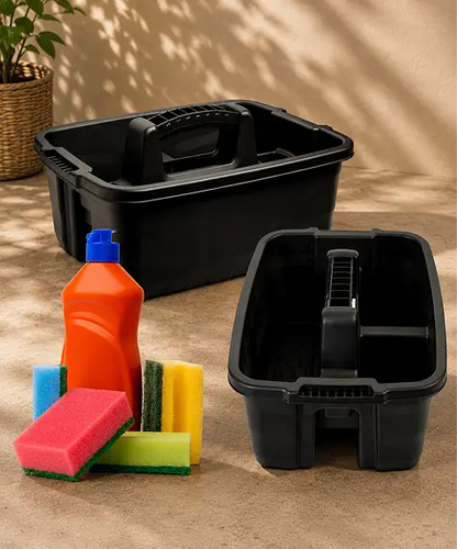 Black Plastic Kitchen Caddy Organiser – Multi-Purpose Storage for Utensils, Sponges, Cloths & Sprays