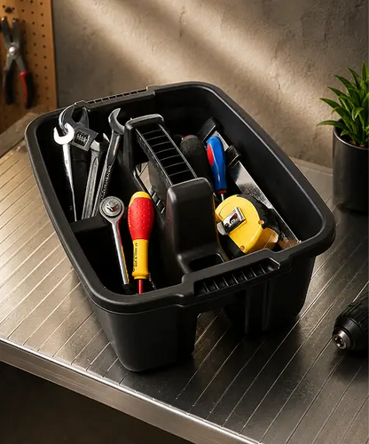 Black Plastic Kitchen Caddy Organiser – Multi-Purpose Storage for Utensils, Sponges, Cloths & Sprays