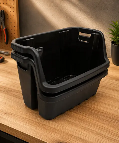 Heavy-Duty Open Front Black Plastic Crates – Stackable Storage Boxes for Easy Access