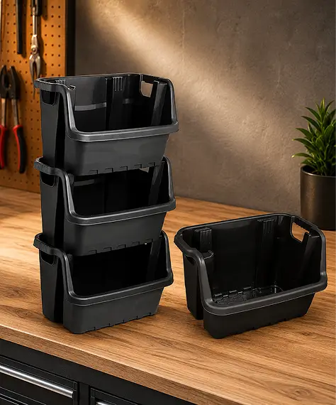 Heavy-Duty Open Front Black Plastic Crates – Stackable Storage Boxes for Easy Access