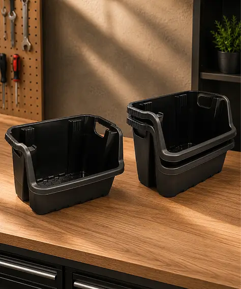 Heavy-Duty Open Front Black Plastic Crates – Stackable Storage Boxes for Easy Access