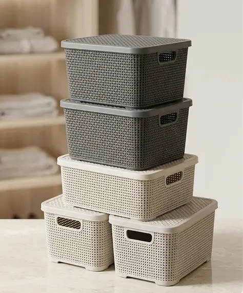 Rattan Effect Storage Baskets in Cream, Grey & Light Grey – Stylish Home, Office & Laundry Organisers