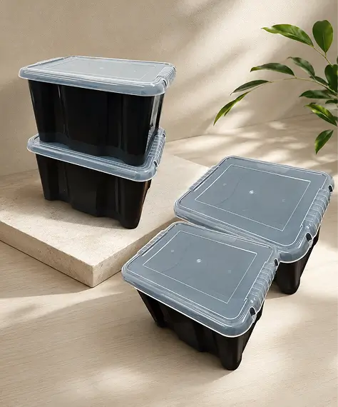 24L Stackable Black Plastic Storage Boxes – Durable Containers with Transparent Lids for Home & Office