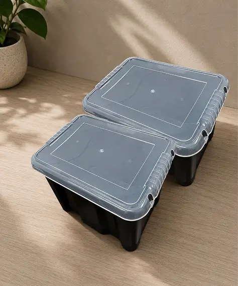 24L Stackable Black Plastic Storage Boxes – Durable Containers with Transparent Lids for Home & Office