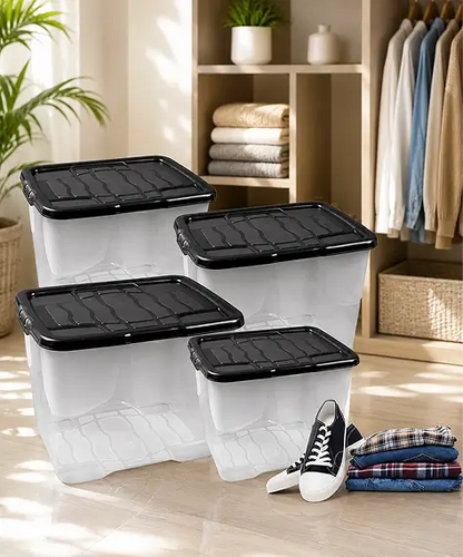 Set of 5 Large 24L Clear Storage Boxes – Lightweight Home & Office Containers with Strong Black Lids