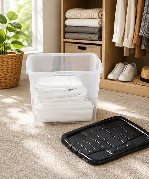 Set of 5 Large 24L Clear Storage Boxes – Lightweight Home & Office Containers with Strong Black Lids
