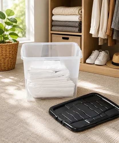 Set of 5 Large 24L Clear Storage Boxes – Lightweight Home & Office Containers with Strong Black Lids