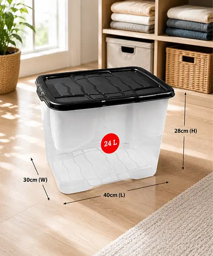 Set of 5 Large 24L Clear Storage Boxes – Lightweight Home & Office Containers with Strong Black Lids