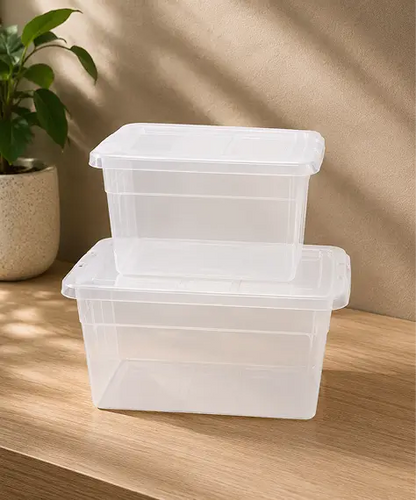 Selection of Clear Stackable Plastic Storage Boxes – 22L, 64L & 96L Transparent Containers with Lids